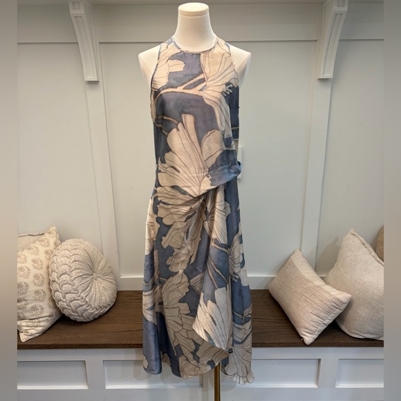 Reiss Satin Floral Drape Midi Dress in Blue & Cream Size 6 NWT - Picture 4 of 5